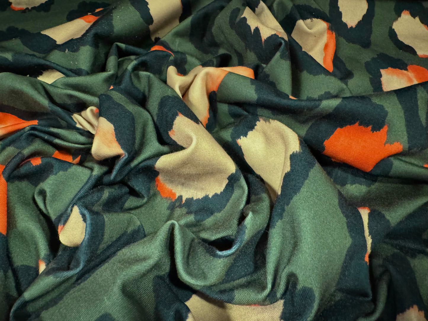 Stretch spandex interlock jersey fabric, per metre - jumbo animal print - olive green beige & orange