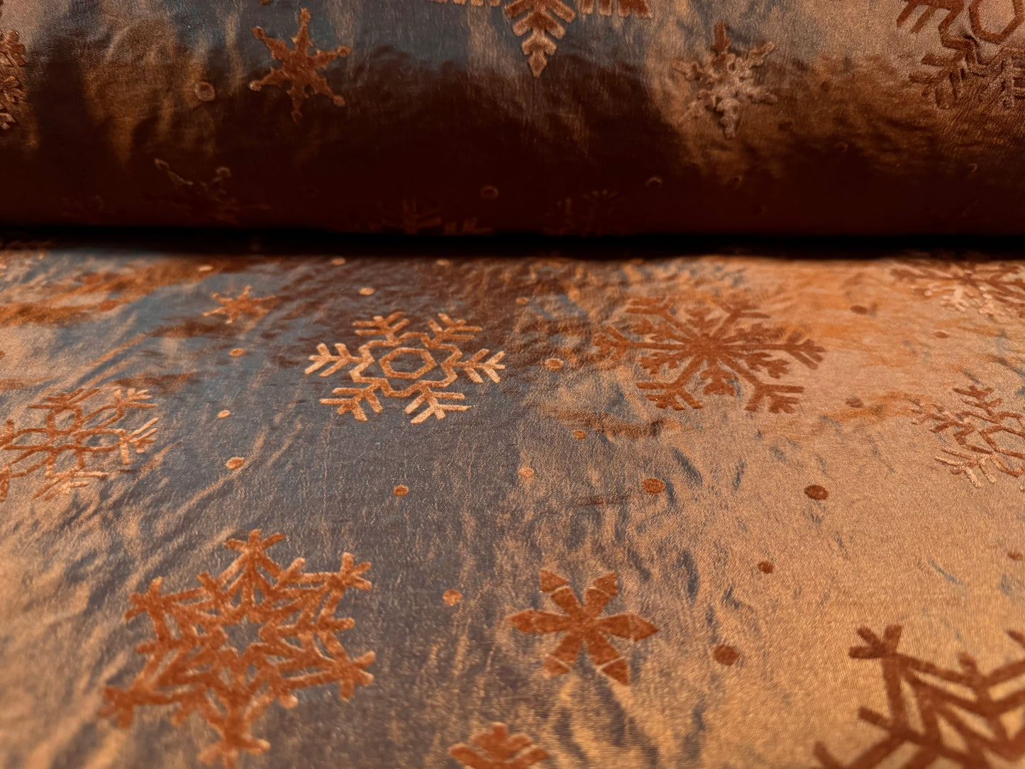 Taffeta faux silk fabric - flocked snowflake print - copper