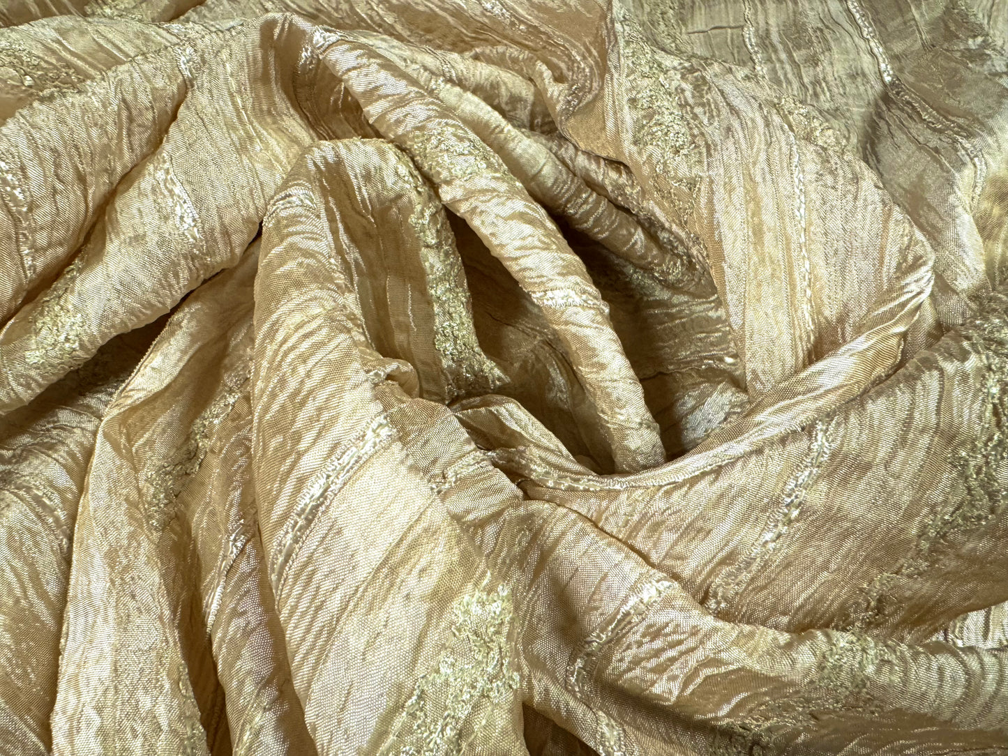 Embroidered crinkle satin dress fabric, per metre - gold