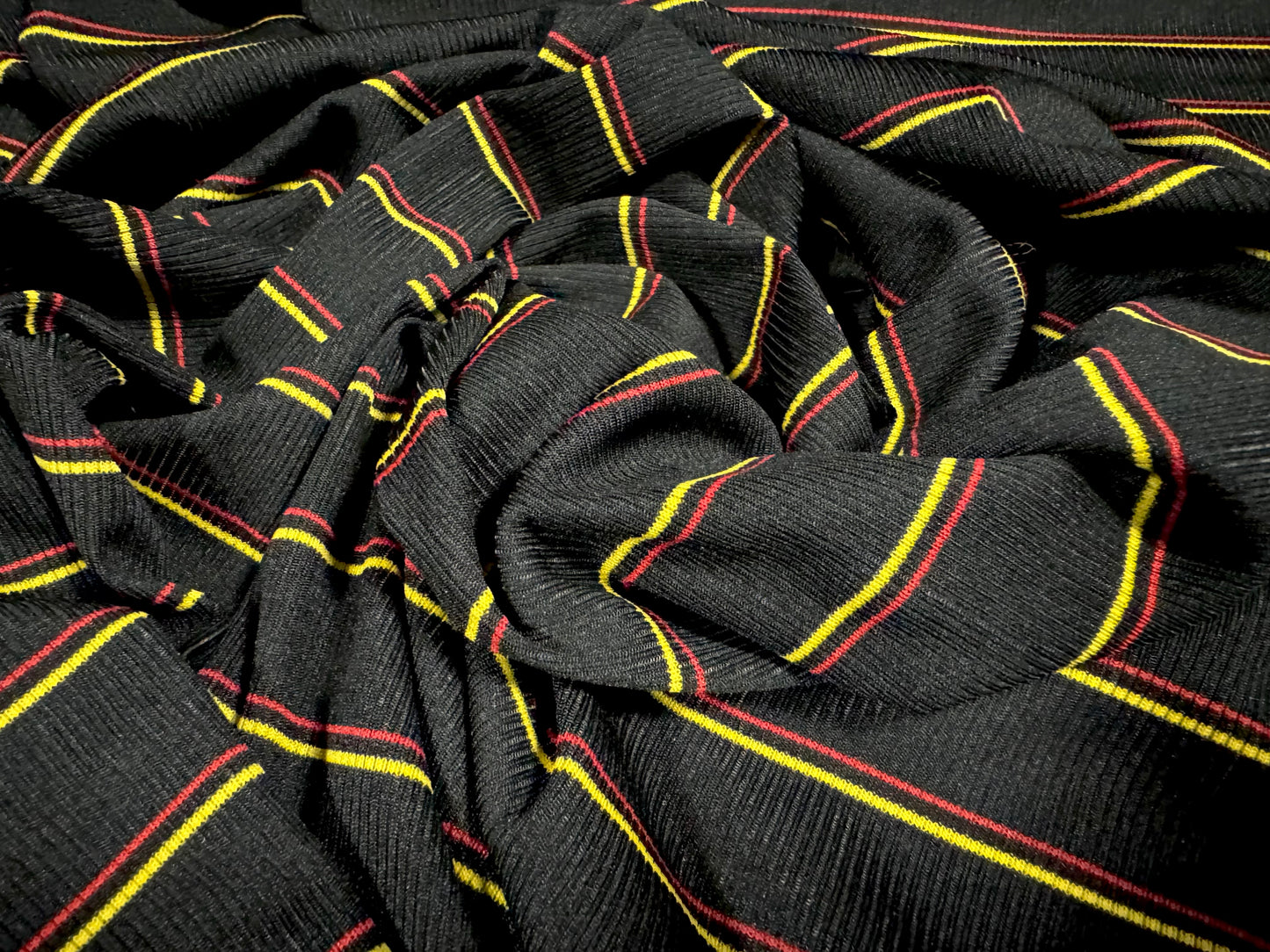 Stretch Spandex rib jersey fabric, per metre - pinstripe - black red & yellow