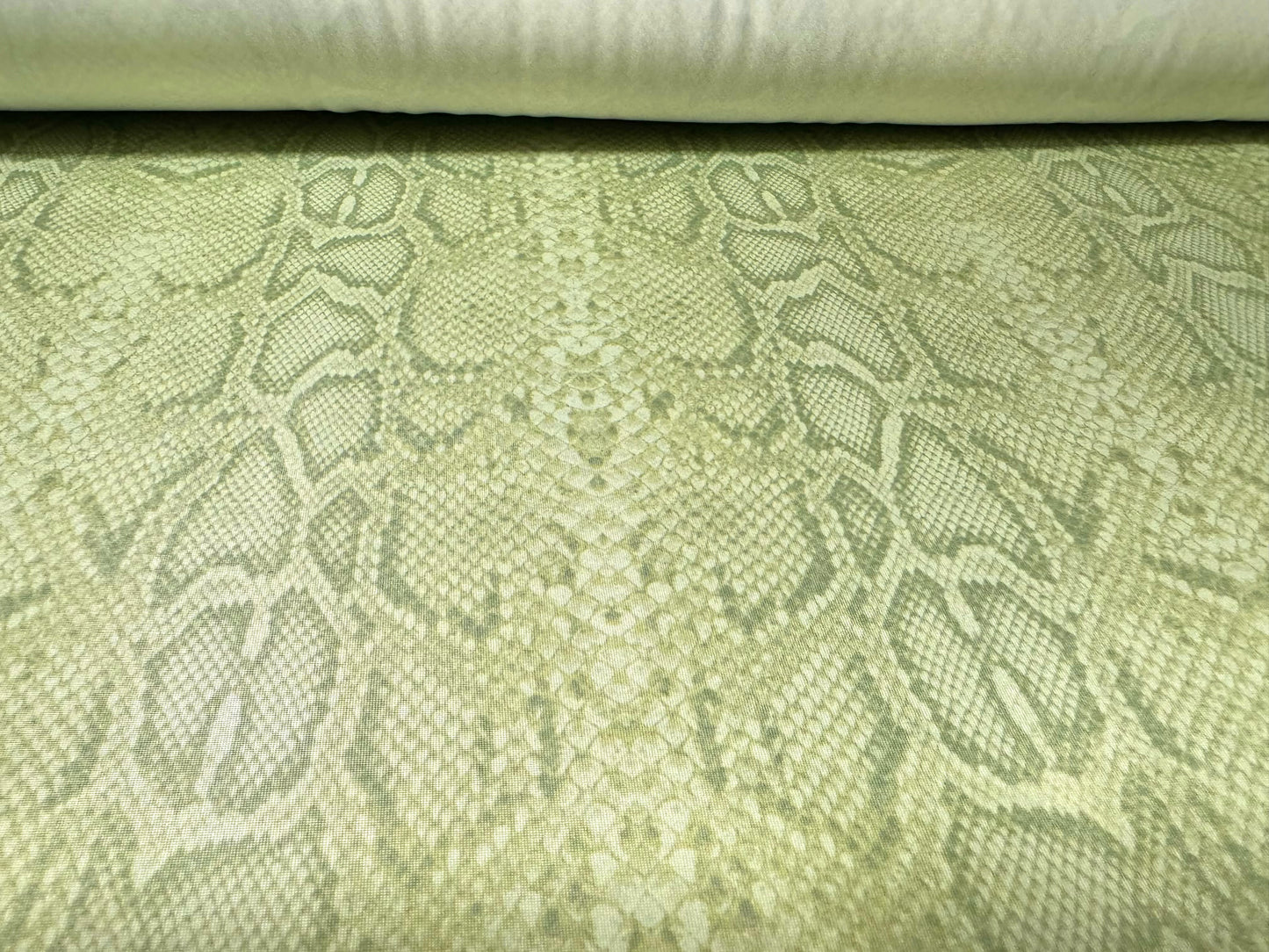 Soft touch stretch spandex jersey fabric, per metre - snakeskin print - pale green|