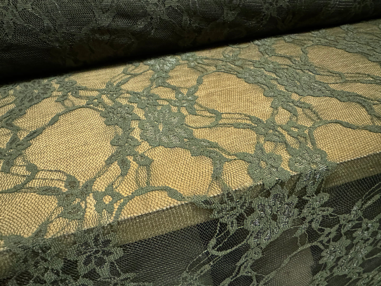 Stretch spandex mesh lace net fabric, per metre - floral pattern - Olive green