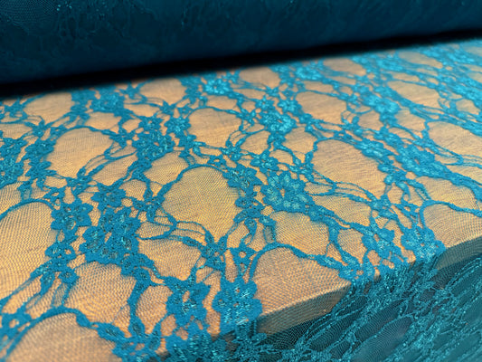 Stretch lace mesh fabric, per metre - floral - kingfisher blue