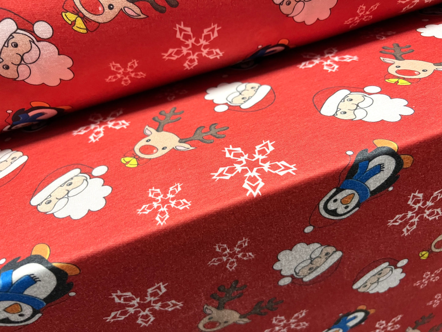 Stretch French Terry soft loopback jersey fabric, per metre - Christmas Santa Claus & Reindeers print - red