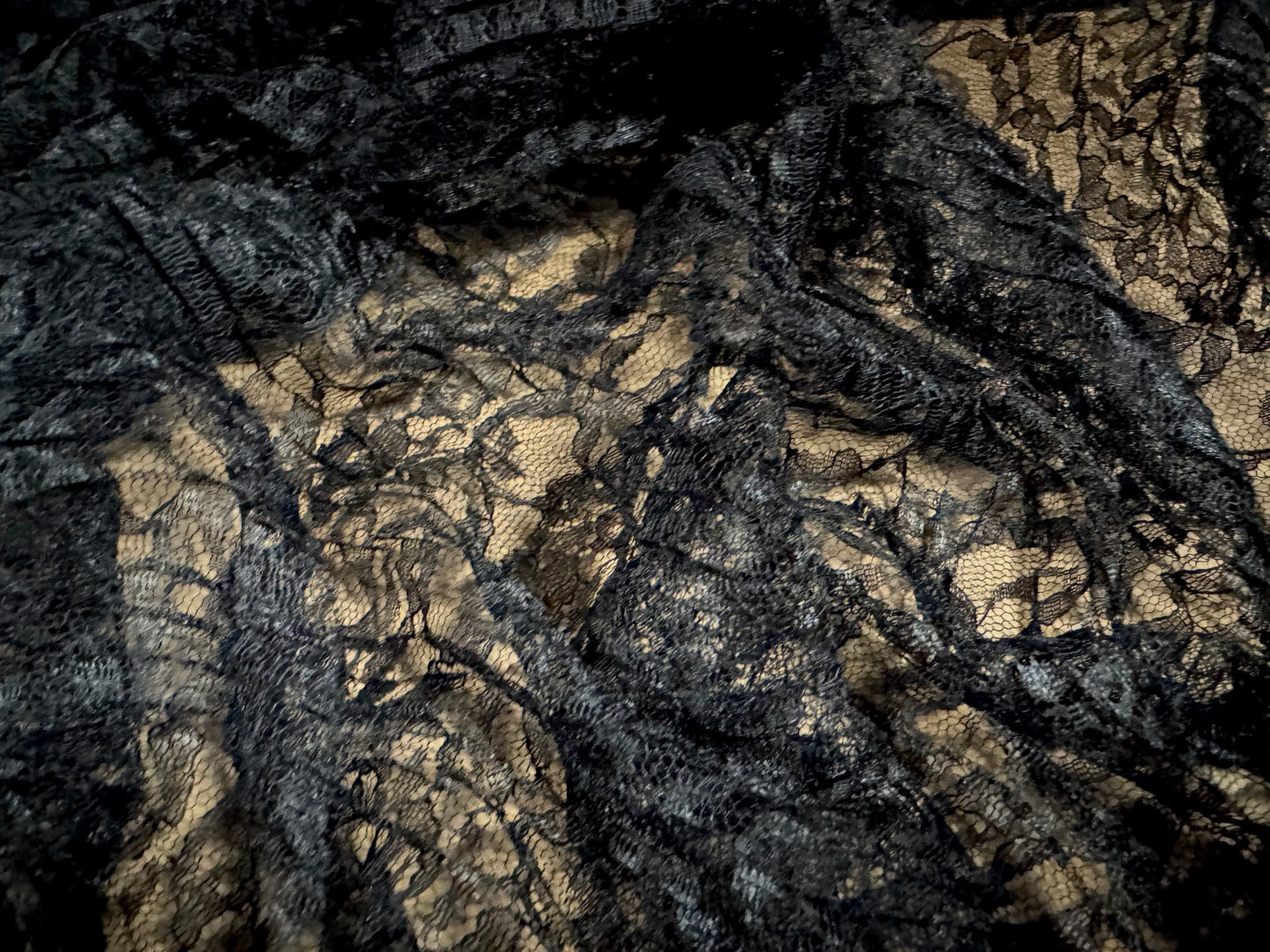 Crinkle lightweight lace fabric, per metre - floral - black