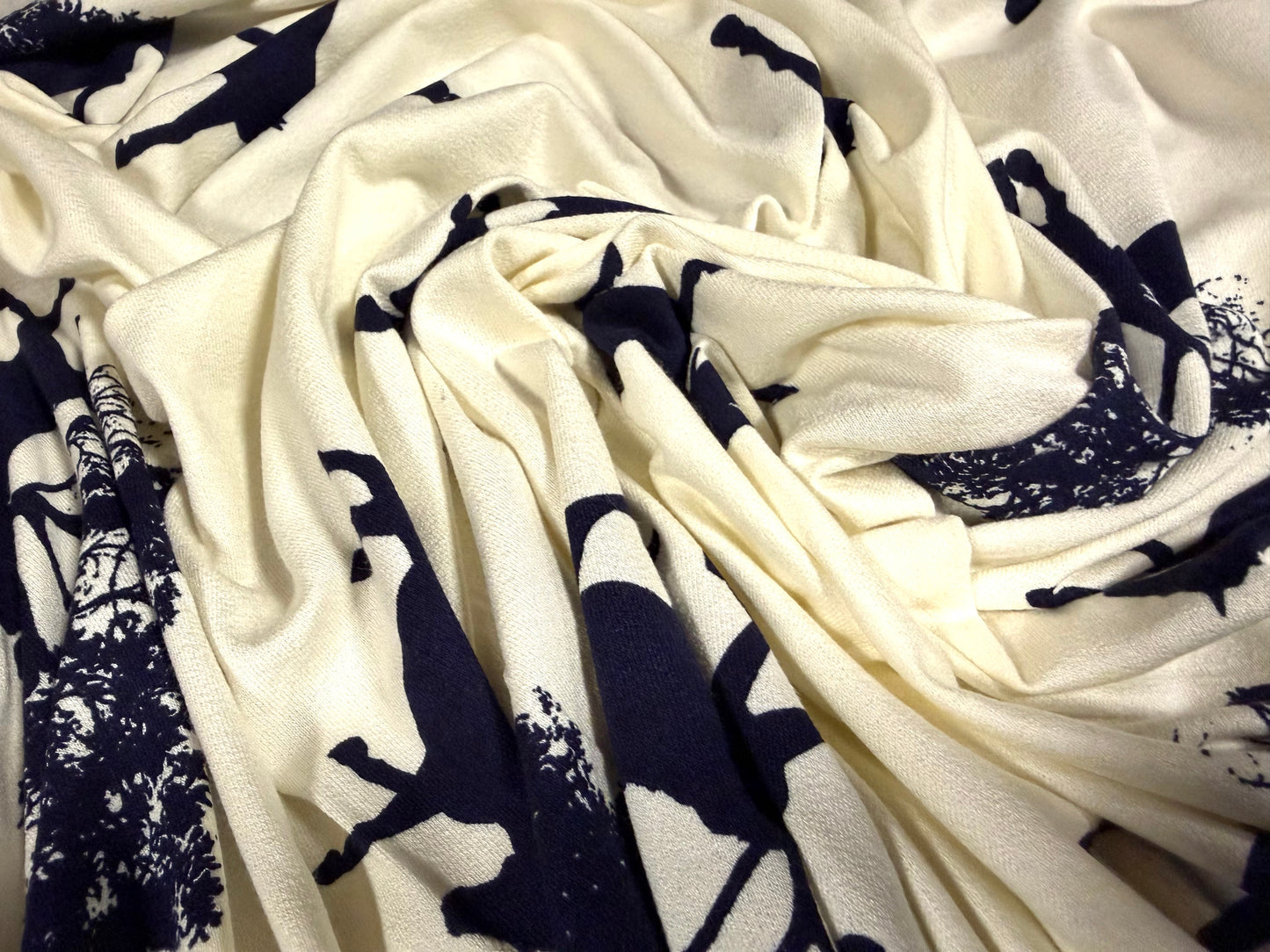 Viscose spandex crepe jersey fabric, per metre - wild horses print - cream & navy