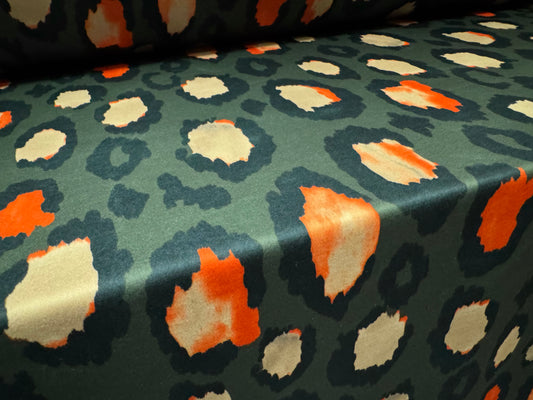 Scuba stretch spandex double jersey dress fabric, per metre - jumbo animal print - olive green beige & orange