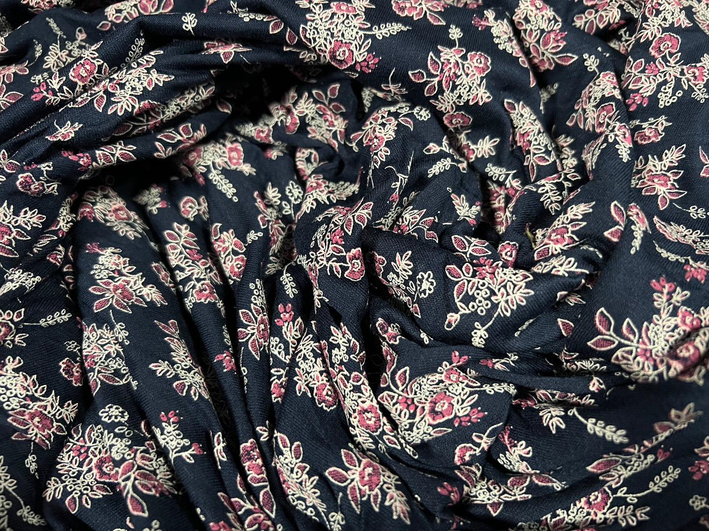 Viscose spandex stretch single jersey fabric, per metre - floral bouquet print - navy blue & pink