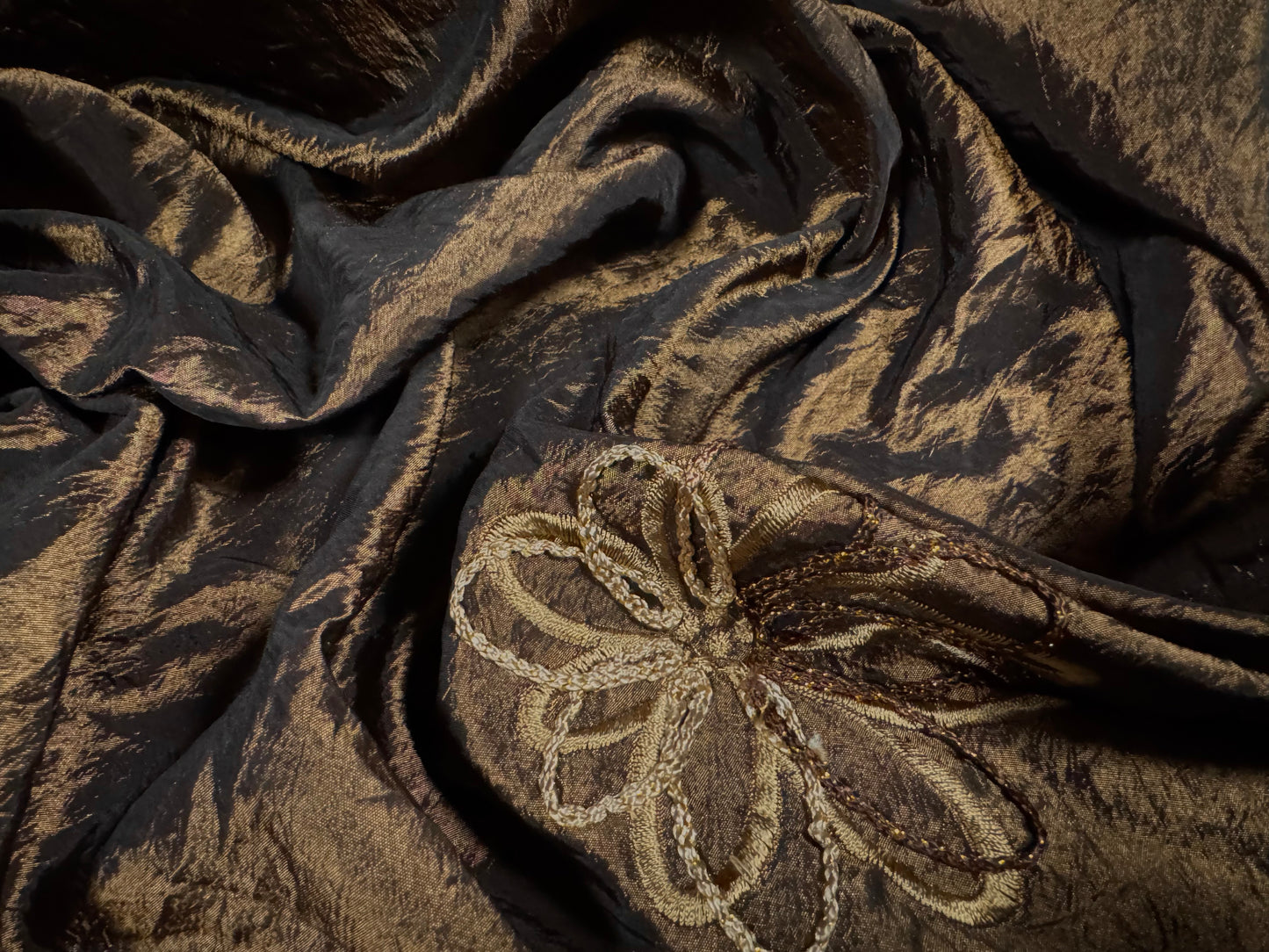 Taffeta faux silk fabric, per metre - metallic embroidered flowers - bronze & gold