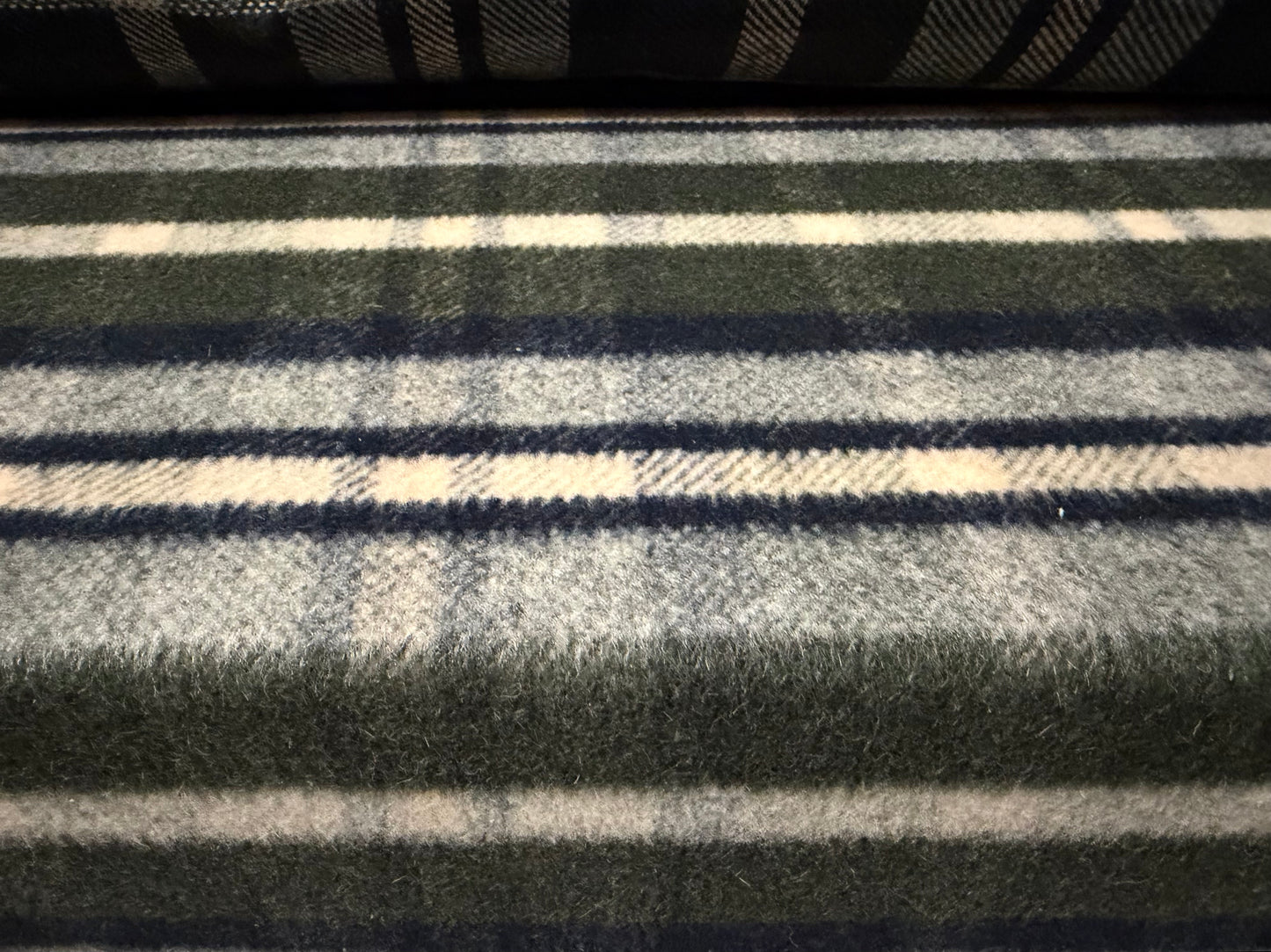 Heavyweight wool flannel fabric, per metre - plaid check - olive green & navy blue