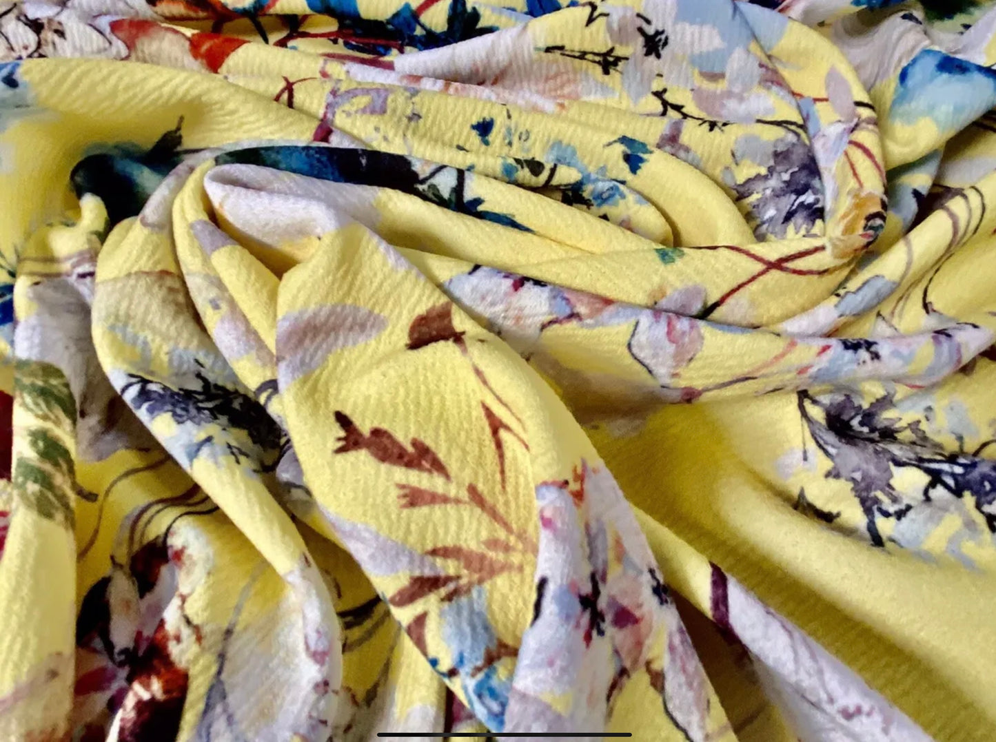 Scuba textured ‘Liverpool’ stretch spandex jersey fabric, per metre - floral print - yellow