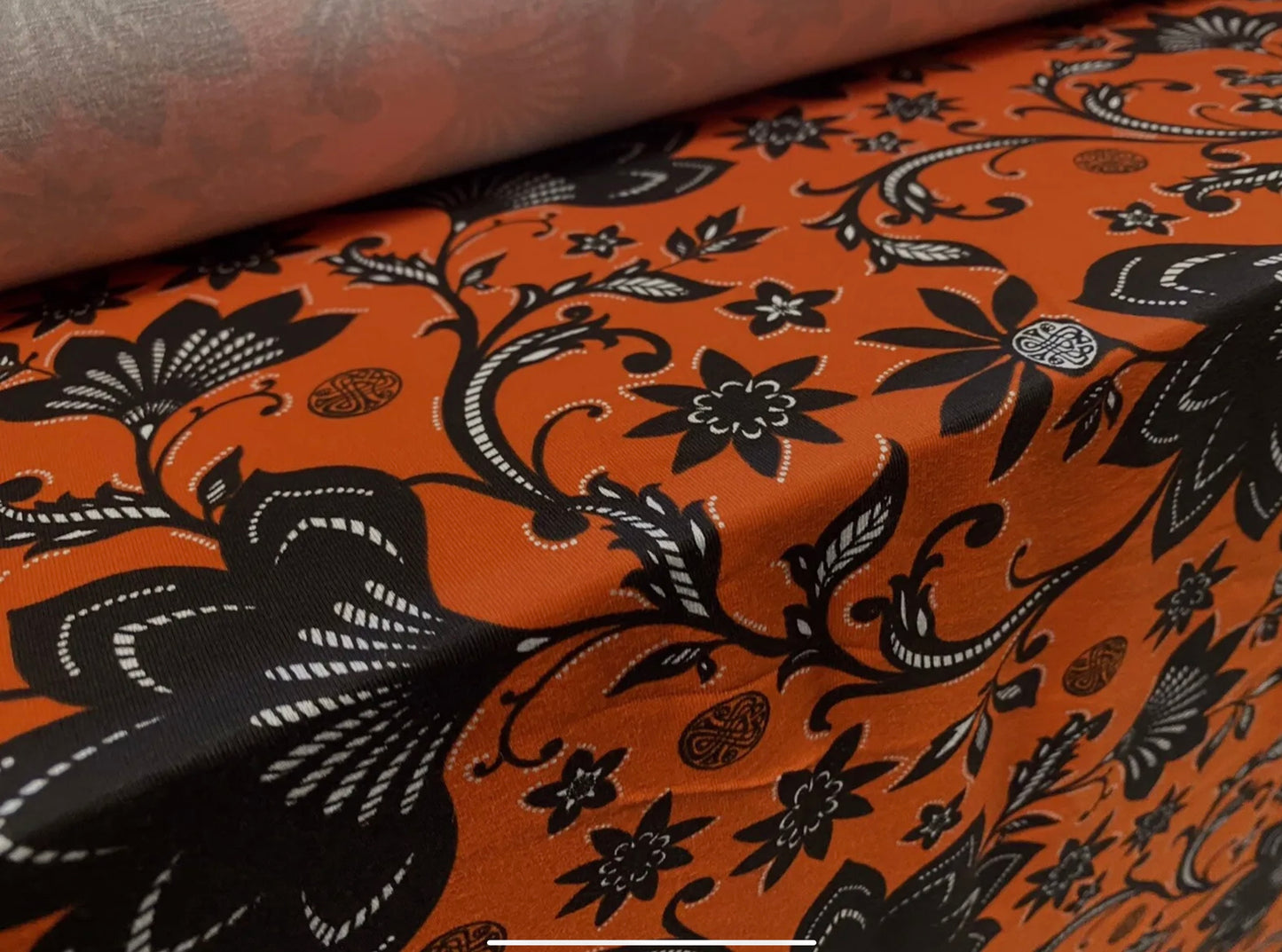 Viscose spandex stretch single jersey fabric, per metre - flower print - Orange & black