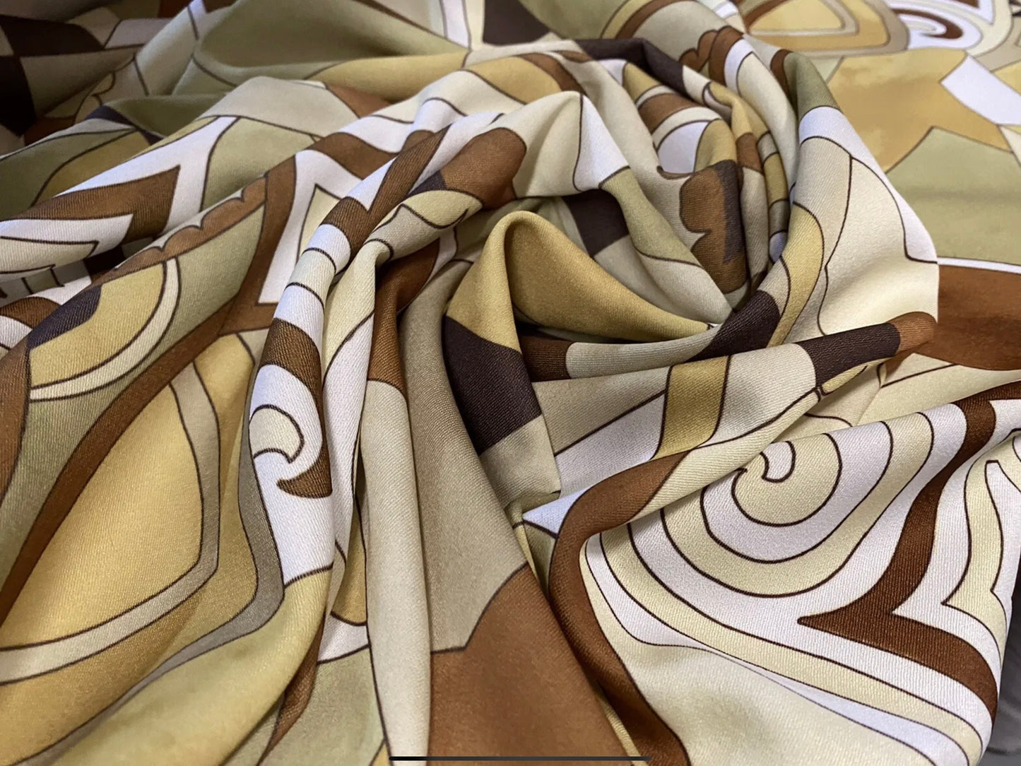 Crepe backed sateen woven dress fabric, per metre - distressed swirl print - sage gold & brown