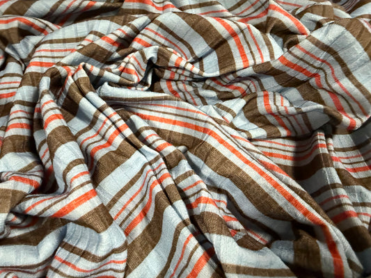 Stretch Spandex rib jersey fabric, per metre - stripe - sky blue brown & orange