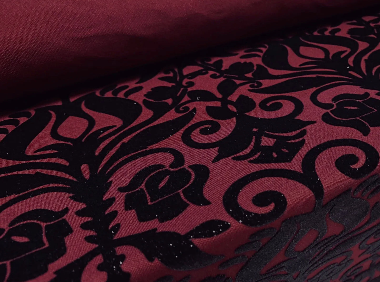 Stretch spandex double jersey fabric, per metre - flocked damask print with glitter sparkle - wine