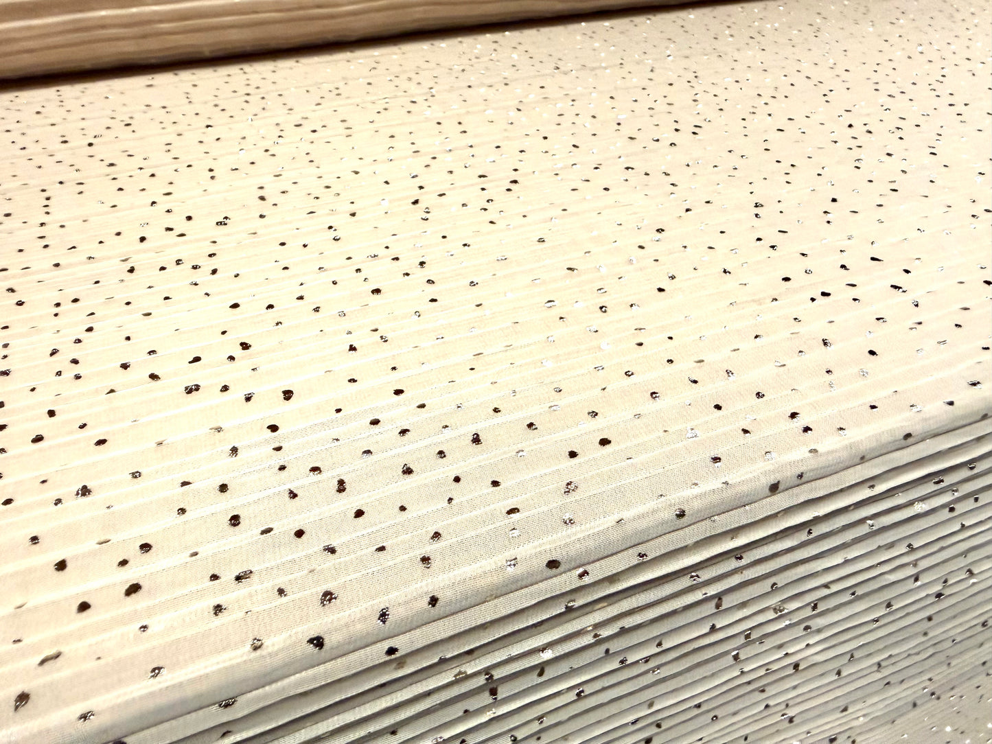Metallic plissé pleated chiffon fabric, per metre - oyster with gold foil fleck print