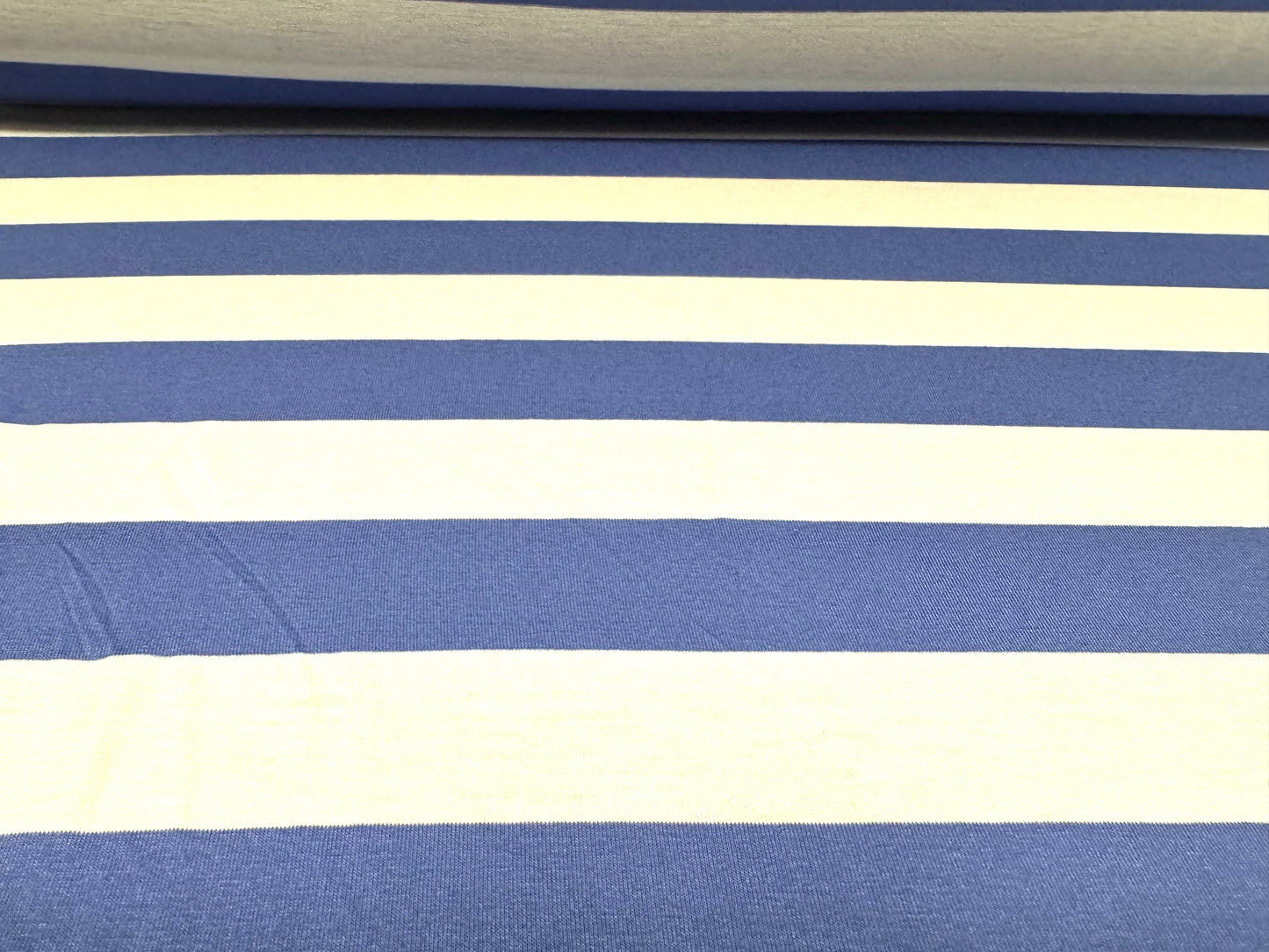 Viscose spandex stretch single jersey fabric, per metre - stripe - coastal blue & white