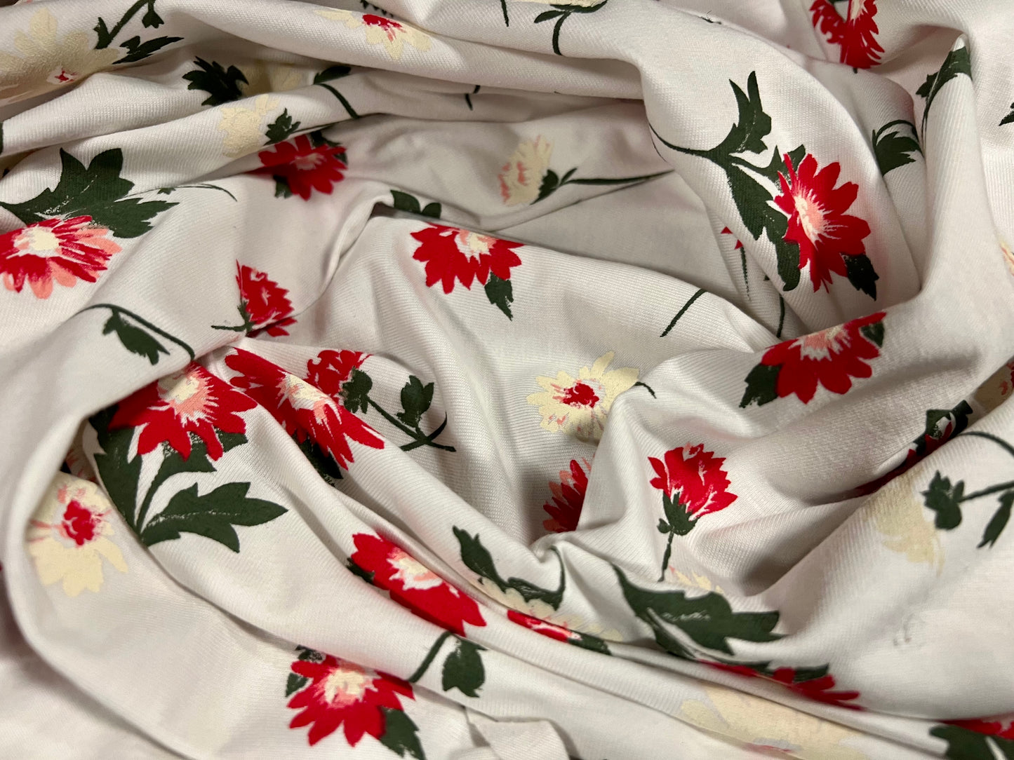 Cotton single jersey fabric, per metre - floral print - pale grey red & cream