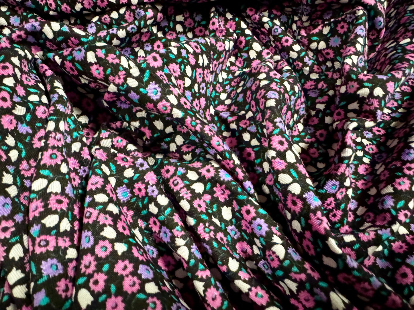 Viscose spandex stretch single jersey fabric, per metre - small flower ditsy print - black pink & lilac