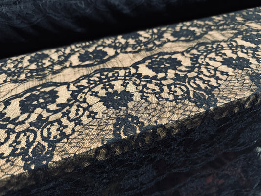 Fine mesh lace fabric, per metre - floral design with scalloped frill - black