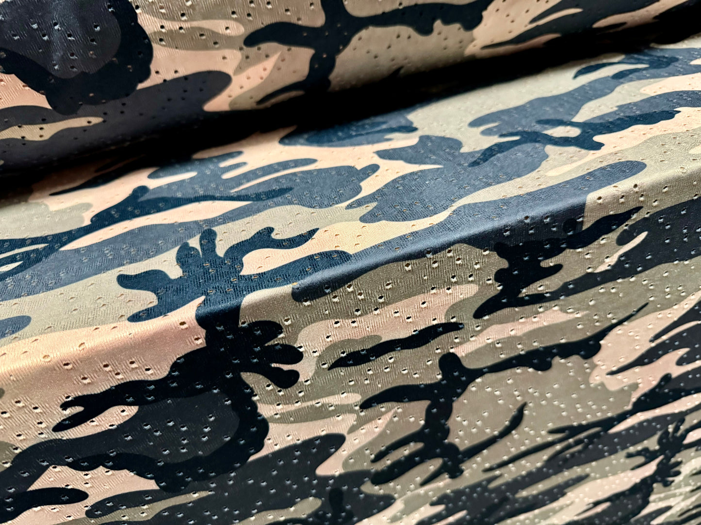 Broderie anglaise stretch spandex jersey fabric, per metre - camouflage print - nude sage & blue