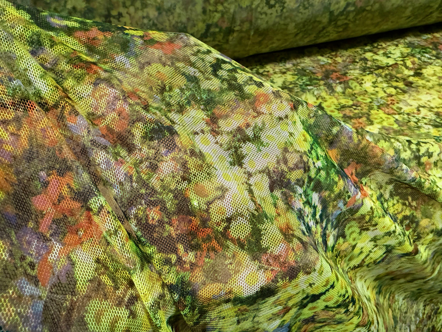 Power mesh net stretch spandex fabric, per metre - Spring Flower Garden print