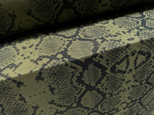 Power mesh net stretch spandex fabric, per metre - snakeskin animal print - khaki