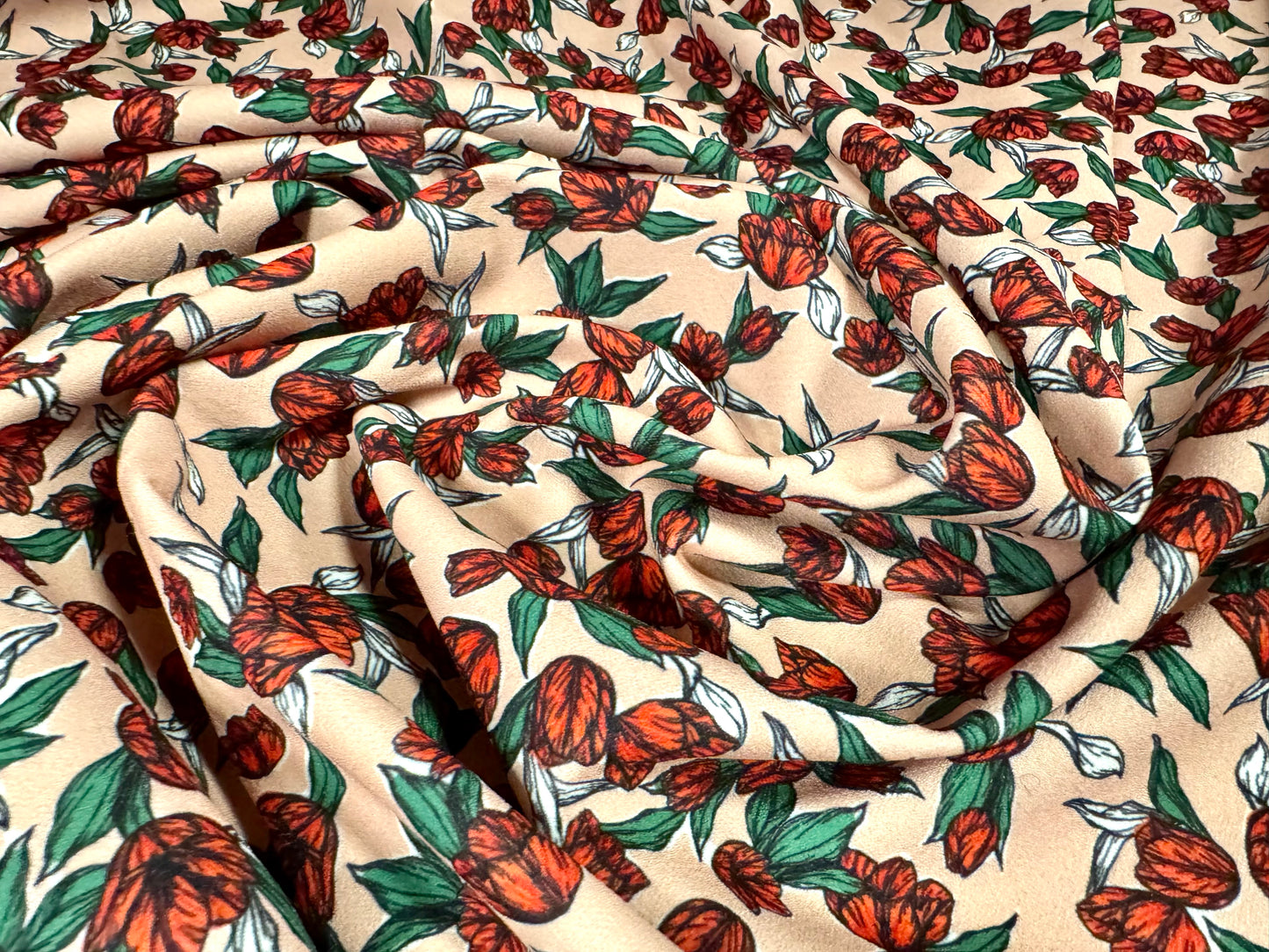 Scuba crepe stretch spandex double jersey fabric, per metre - ditsy tulip print - nude & Red