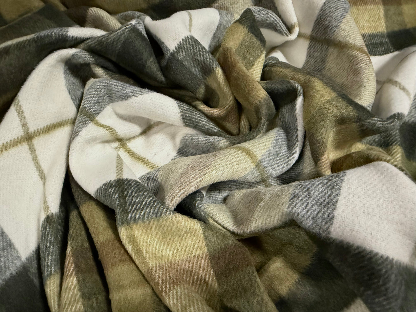 Wool flannel coat jacket fabric, per metre - tartan check - sage green & ivory
