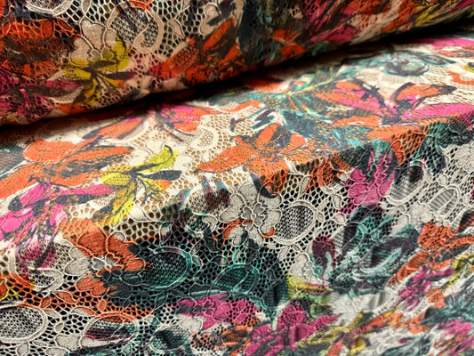 Stretch lace dress fabric with scalloped selvedge, per metre - tropical flower print - multicolour