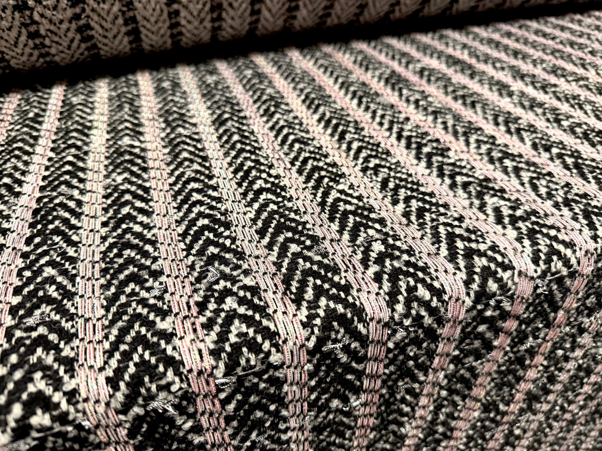 Heavyweight wool bouclé fabric, per metre - herringbone - black & white with pink metallic stripe