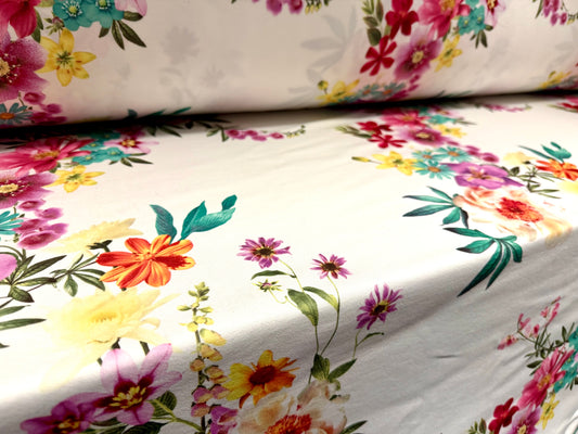 Scuba stretch spandex double jersey fabric, per metre - foxglove floral print - ivory & pink