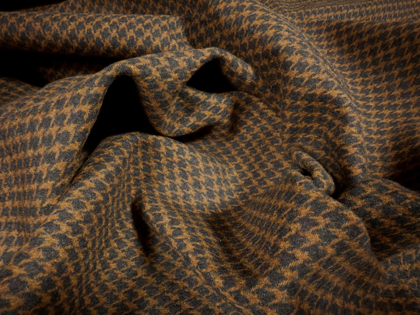 Plastic backed wool tweed fabric, per metre - dogtooth check - brown