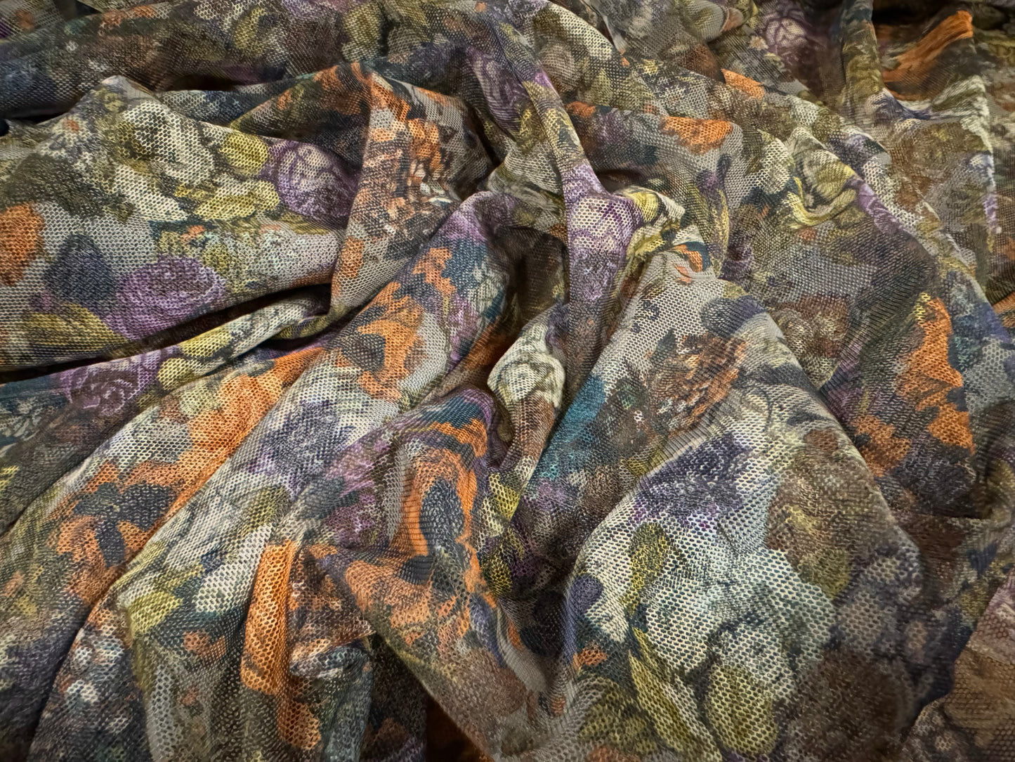 Power mesh net stretch spandex fabric, per metre - butterfly garden print - taupe orange & purple