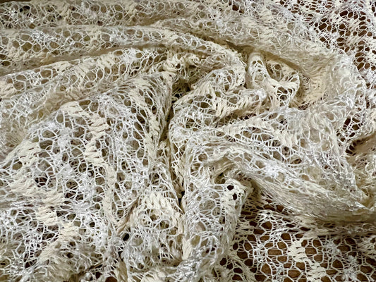 Crochet knit lace dress fabric with sequins, per metre - cream