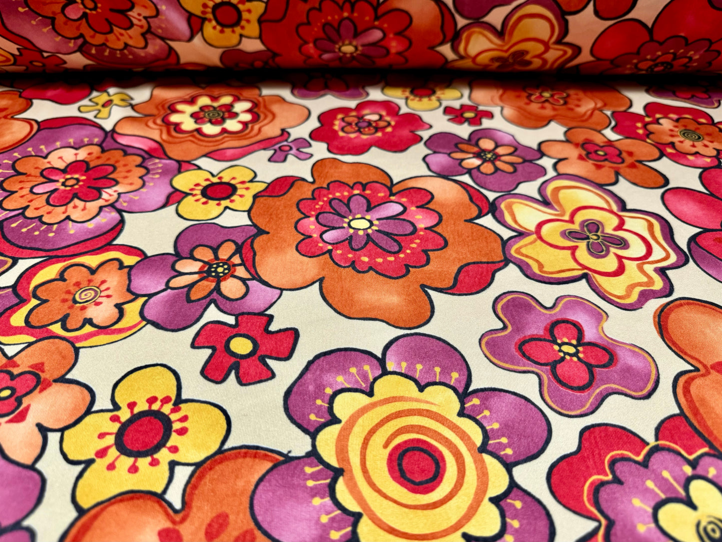 DTY stretch spandex single jersey fabric, per metre - retro flower print- cream pink & orange