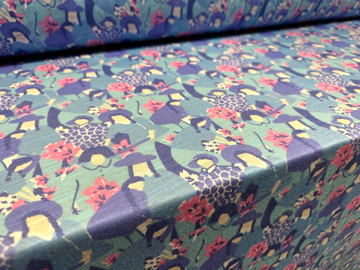Soft handle slub jersey fabric, per metre - women and flowers print - blue & lavender