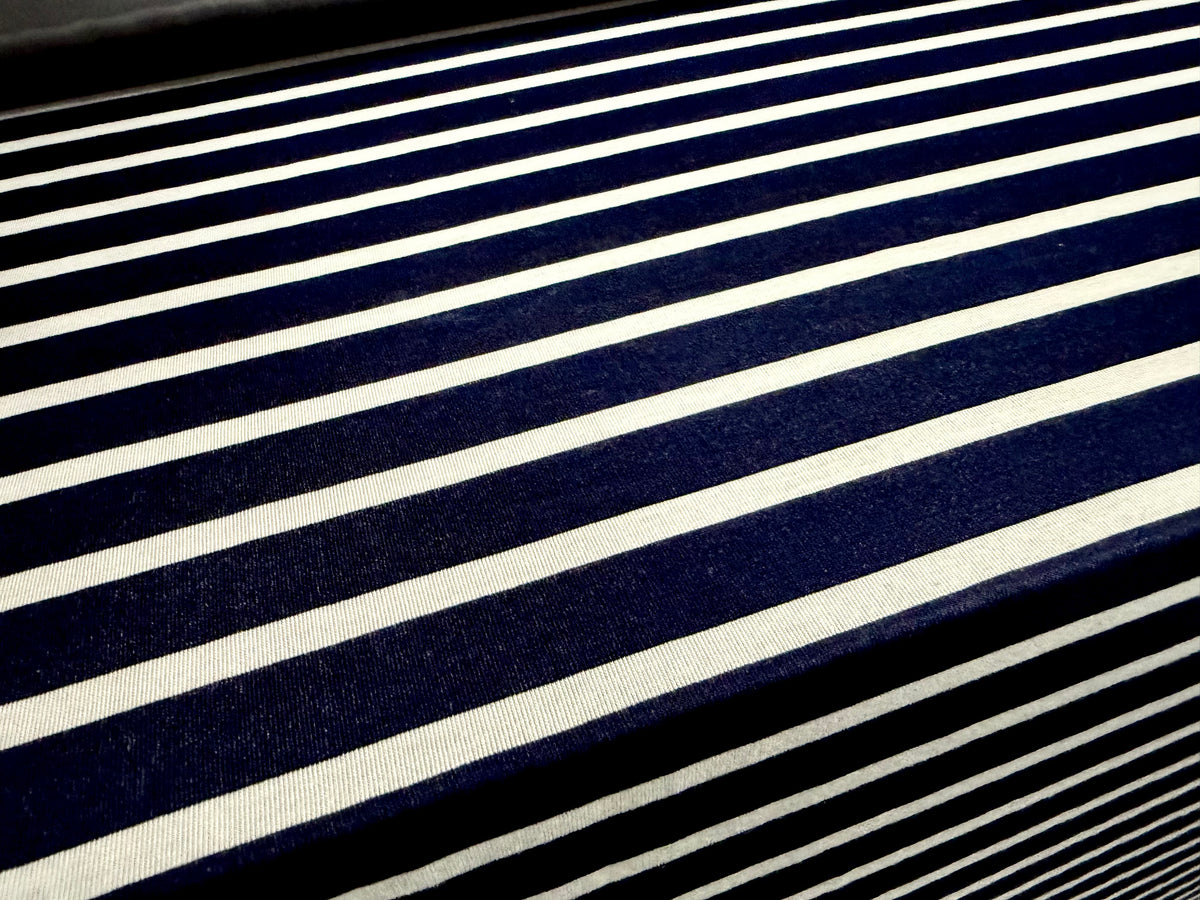 Viscose spandex stretch single jersey fabric, per metre - Butcher’s stripe print - navy & white