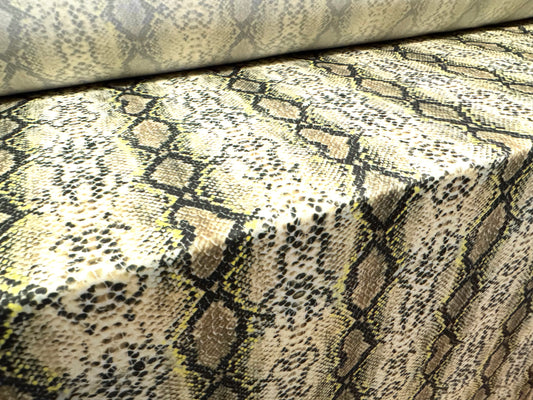 Soft touch stretch spandex jersey fabric, per metre - Snakeskin print - khaki & cream