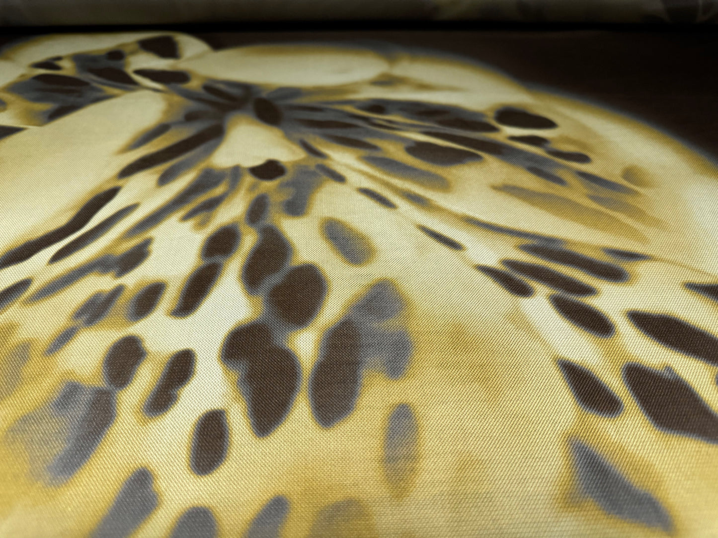 Power mesh net stretch spandex fabric, per metre - orchid print - dark brown & mustard