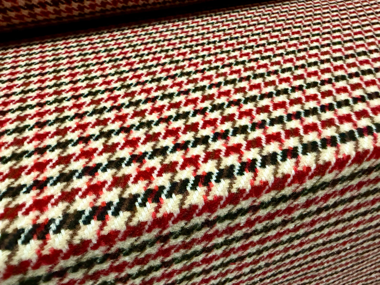 Heavyweight wool flannel fabric, per metre - houndstooth - red cream & black
