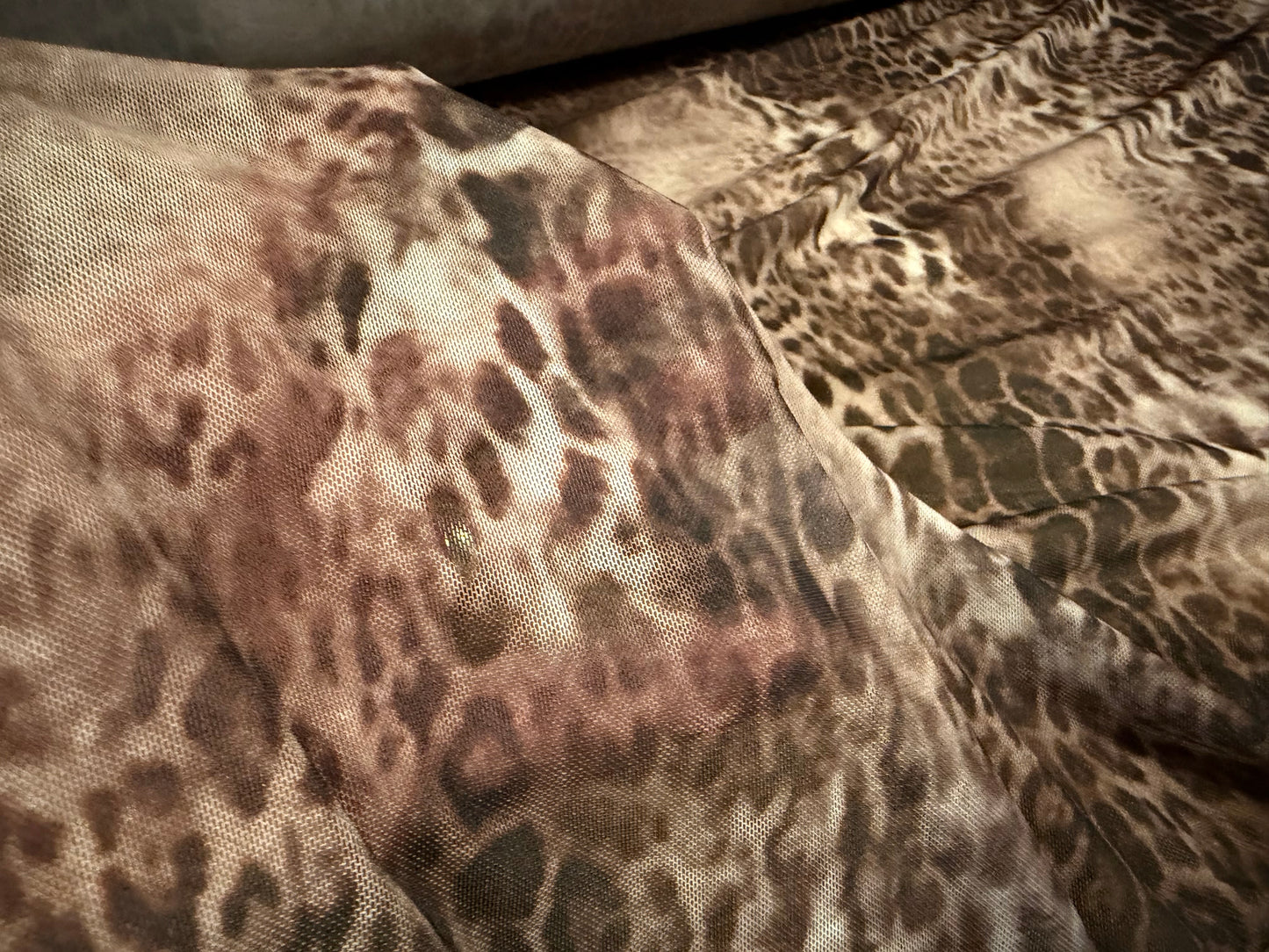 Power mesh net stretch spandex fabric, per metre - leopard animal print - taupe