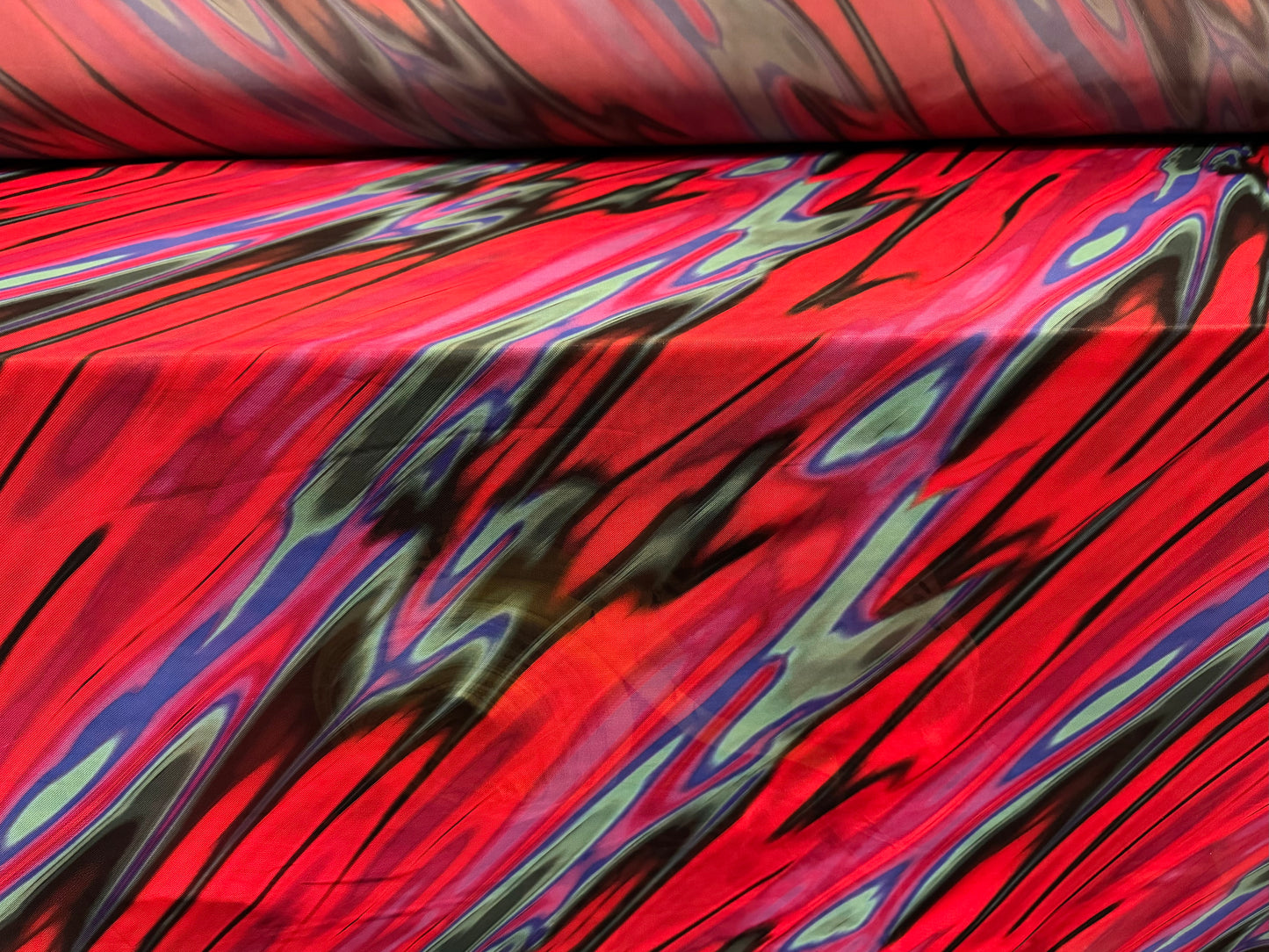 Power mesh net stretch spandex fabric, per metre - retro splash print - red & jade