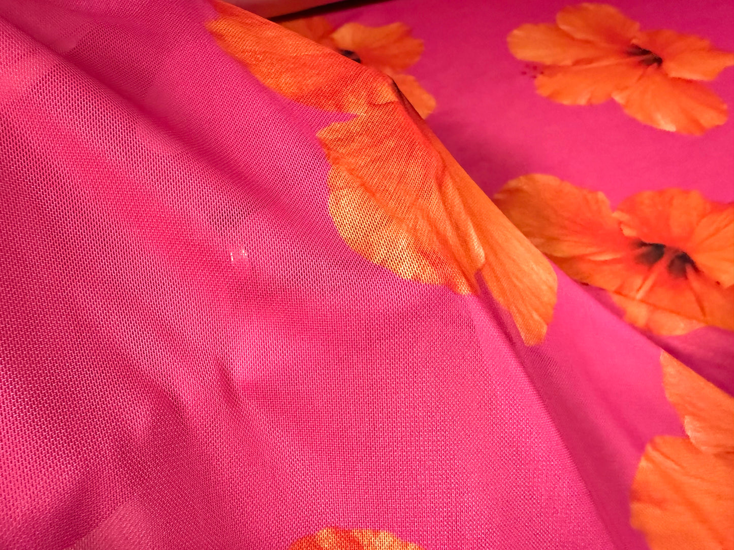 Power mesh net stretch spandex fabric, per metre - hibiscus blossom - hot pink & orange