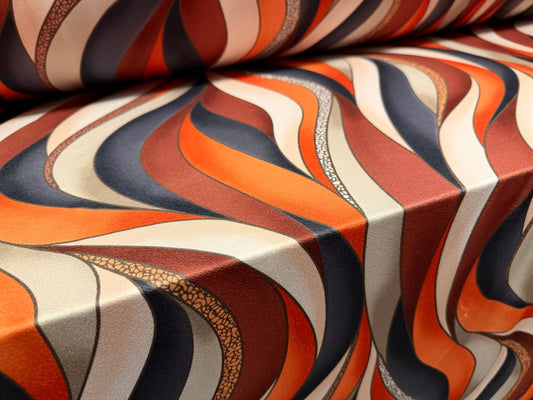 Stretch spandex crepe single jersey dress fabric, per metre - wavy swirl print - cream terracotta & rust