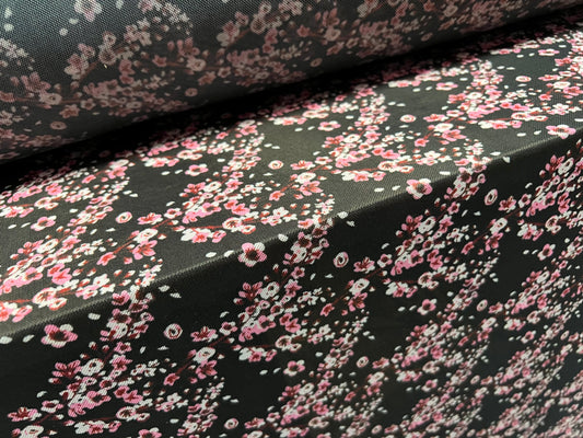 Power mesh net sheer stretch spandex fabric, per metre - Ditsy flower print - black & pink