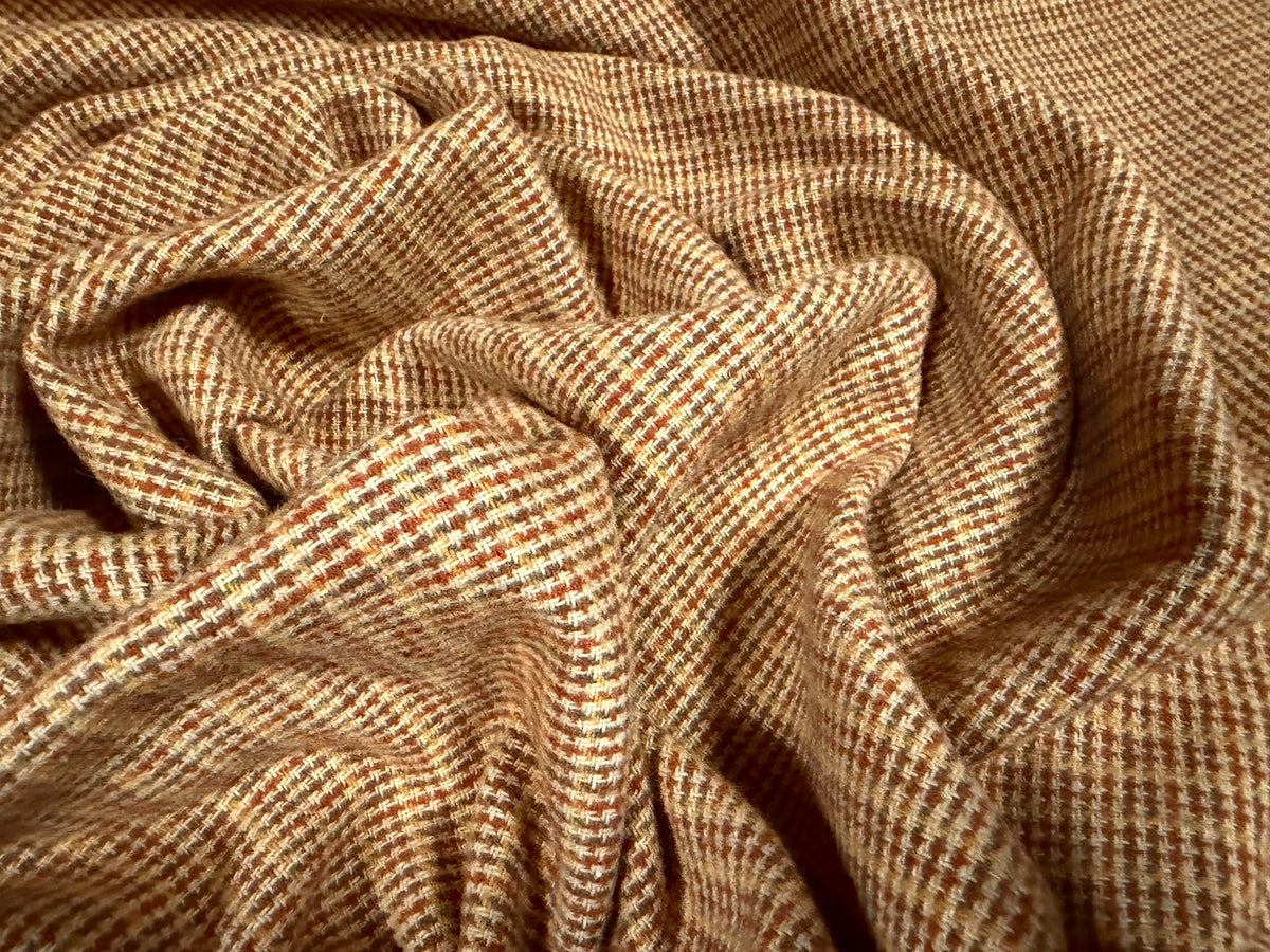 Wool flannel fabric, per metre - micro houndstooth - light brown orange & wine