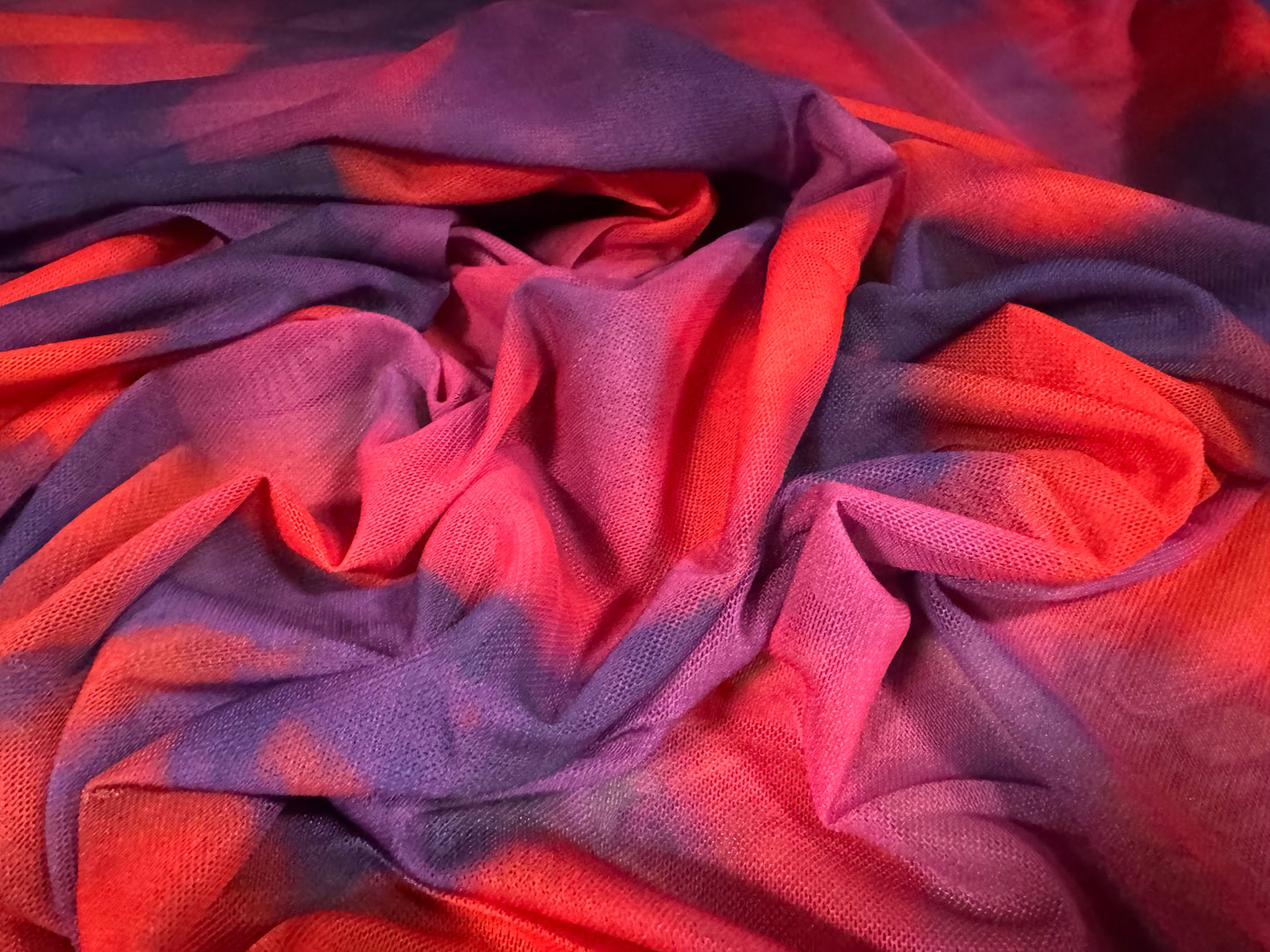 Power mesh net stretch spandex fabric, per metre - smudge print - purple & scarlet