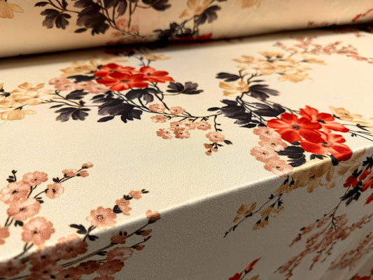 Stretch spandex crepe single jersey fabric, per metre - blossom print - cream