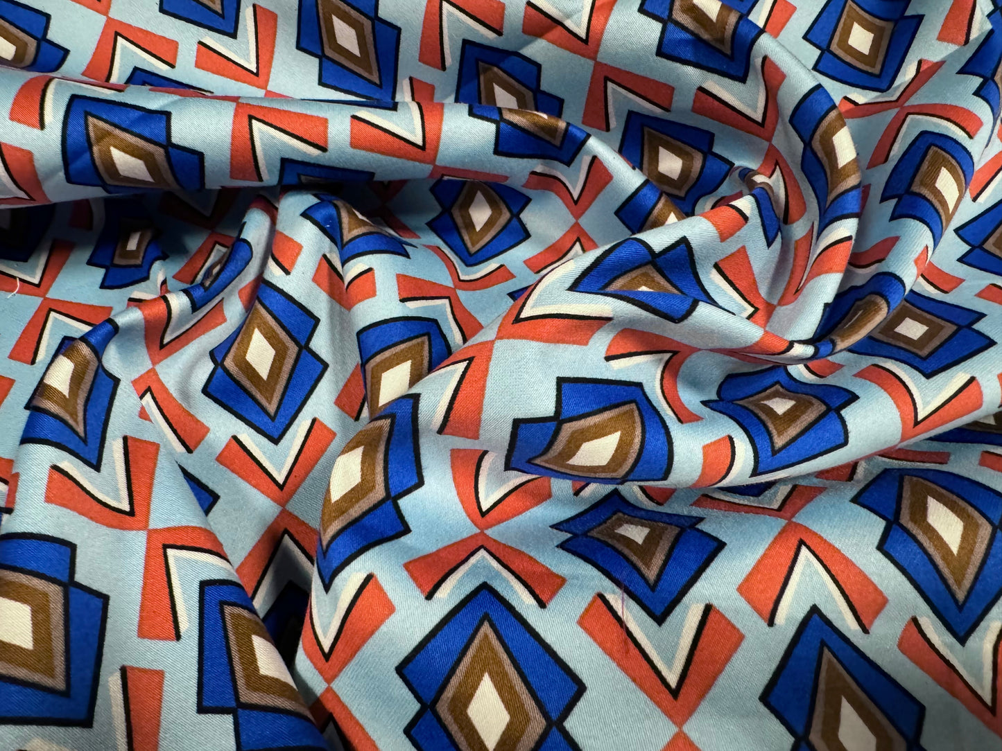 Cotton stretch sateen fabric, per metre - Aztec print - blue & orange